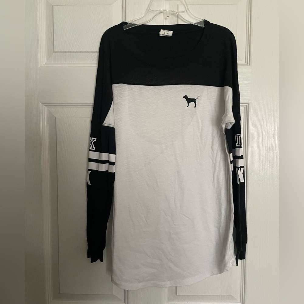 Victoria's Secret B&W Logo PINK Black Long Sleeve Top with Open Back